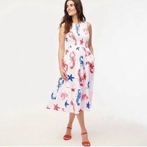 J. Crew NWT Lobster and Starfish Print Midi Dress women’s size XS red white blue